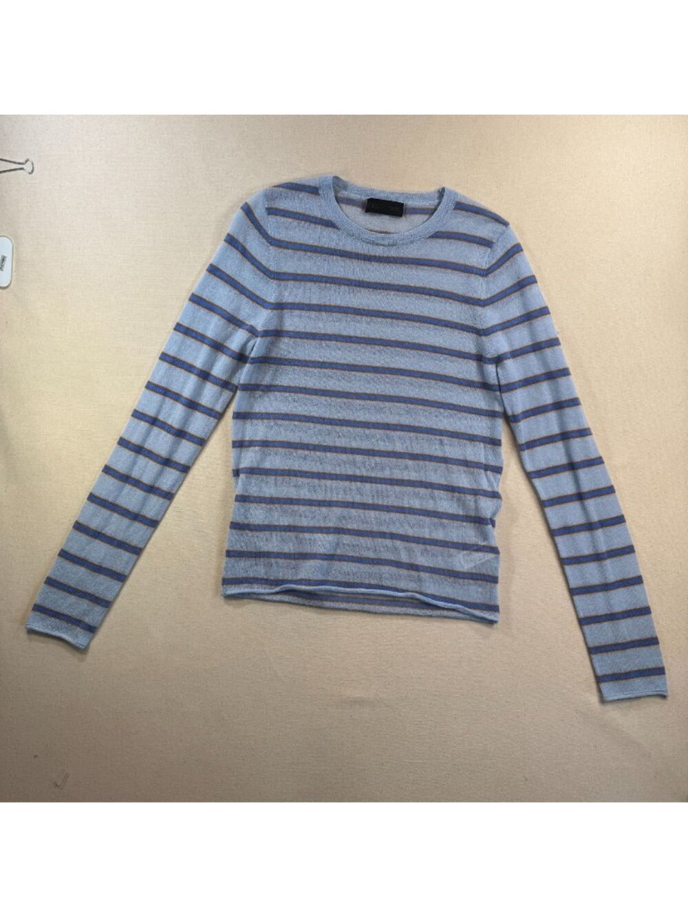 HK119 - Zara Sheer Wool Alpaca Blend Striped Sweater L Light Blue Gold Crew Neck